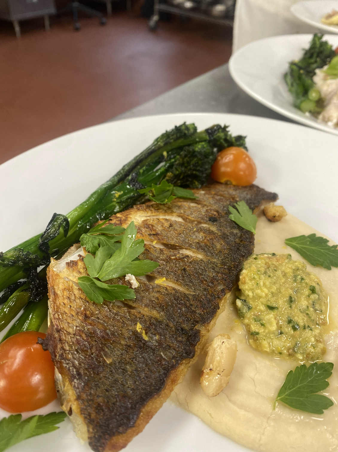 Crispy-Skin White Fish with White Bean Purée, Broccolini &amp; Olive Gremolata