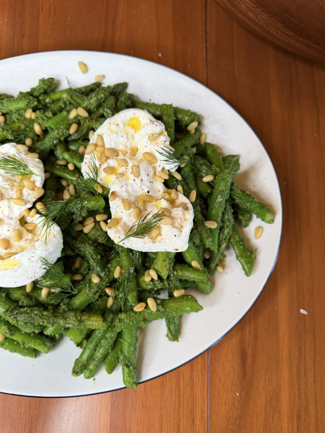 Pesto Asparagus with Burrata, Toasted Pine Nuts &amp; Dill