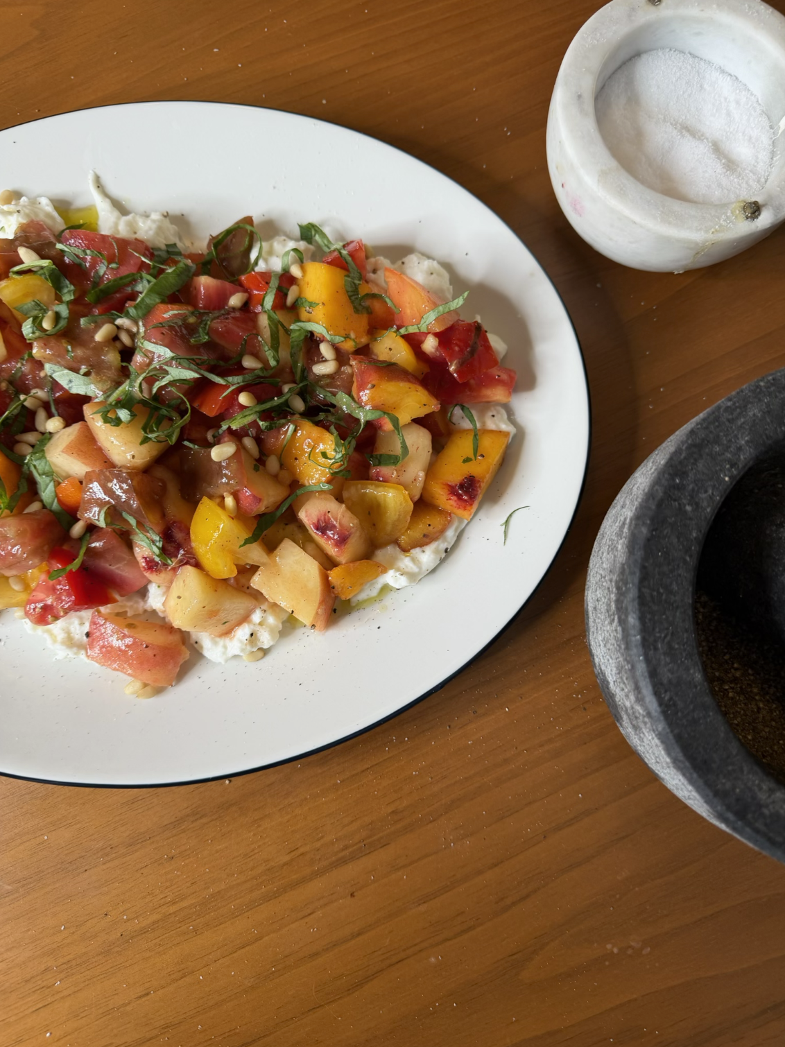 Late-Summer Burrata with Marinated Peaches, Heirloom Tomatoes &amp; Salsa Macha
