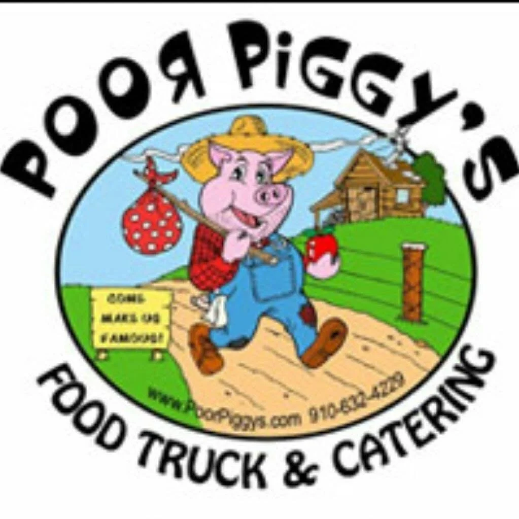Logo for Poor Piggy's Food Truck & Catering featuring a cartoon pig dressed as a farmer, holding an apple and a sack of produce, walking on a farm path with a house and green fields in the background.