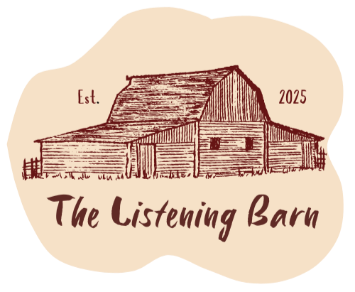 A logo featuring a sketch of a barn with the text "The Listening Barn," established in 2025, on a beige background.