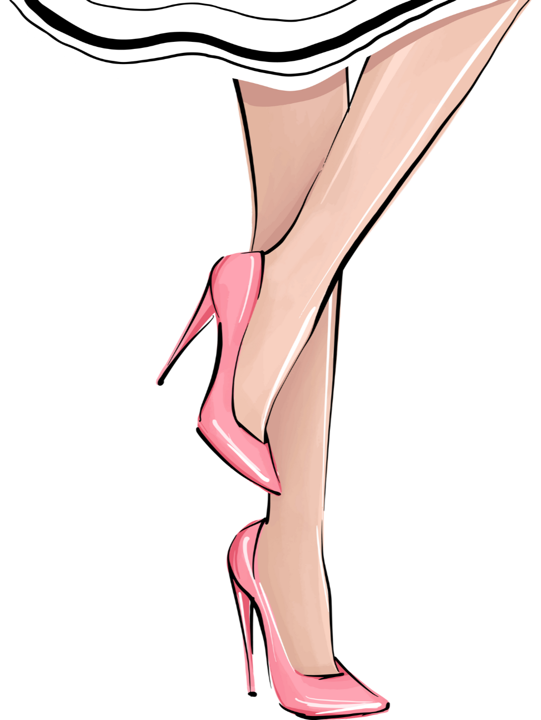 Close-up of a person's legs and feet, wearing pink high heels, with a striped skirt visible at the top.