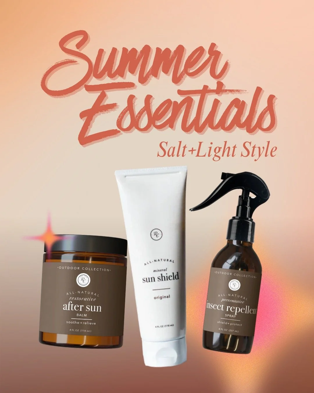 Your Summer Essentials Kit - Salt+Light Style

A few summer swaps that make a big difference:
🌿 Sun Shield for skin-safe SPF coverage (no toxins, just protection)
🧴 After Sun Balm to soothe and calm post-pool or beach skin
🦟 Insect Repellent made 