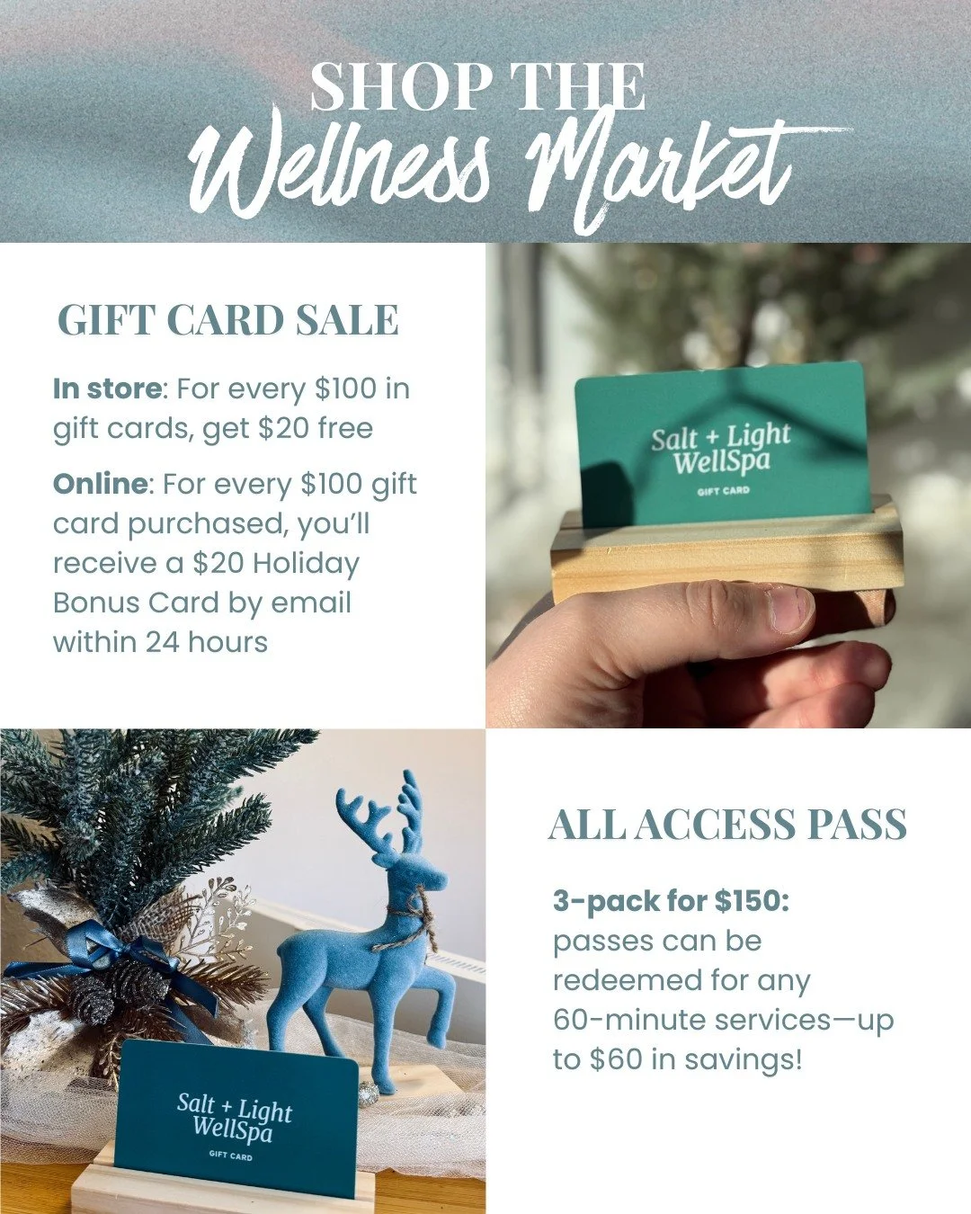 We kicked off our Small Biz Saturday Deals early so you can shop in the spa before the winter storm rolls in!

Early Access Includes:
 &bull; Gift Card Sale: Spend $100, get $20 free
 &bull; All Access Pass 3 pack $150 (passes can be 
  redeemed for 