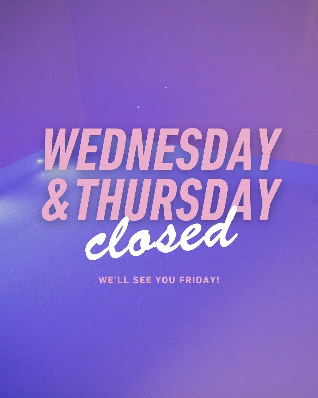 The spa will be closed tomorrow (1/28) and Thursday (1/29), but we'll see you this weekend 😎

Book now: https://app.squareup.com/appointments/book/bkhvtiuhblbj6y/BCJQWBV36TKNP/start