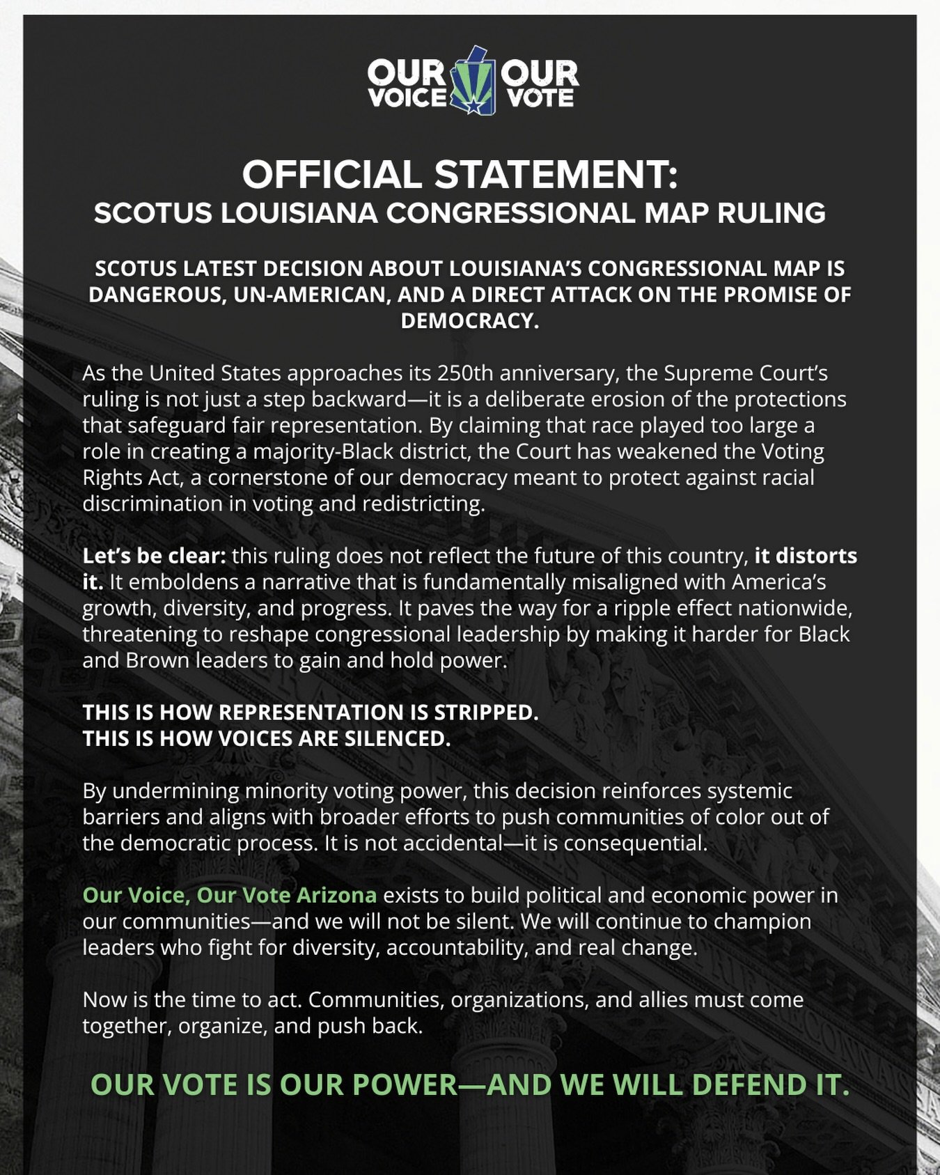 This is what a step backward looks like.

The Supreme Court just weakened the Voting Rights Act&mdash;putting the power of Black and Brown communities at risk and threatening fair representation across the country.

This decision is dangerous. It&rsq
