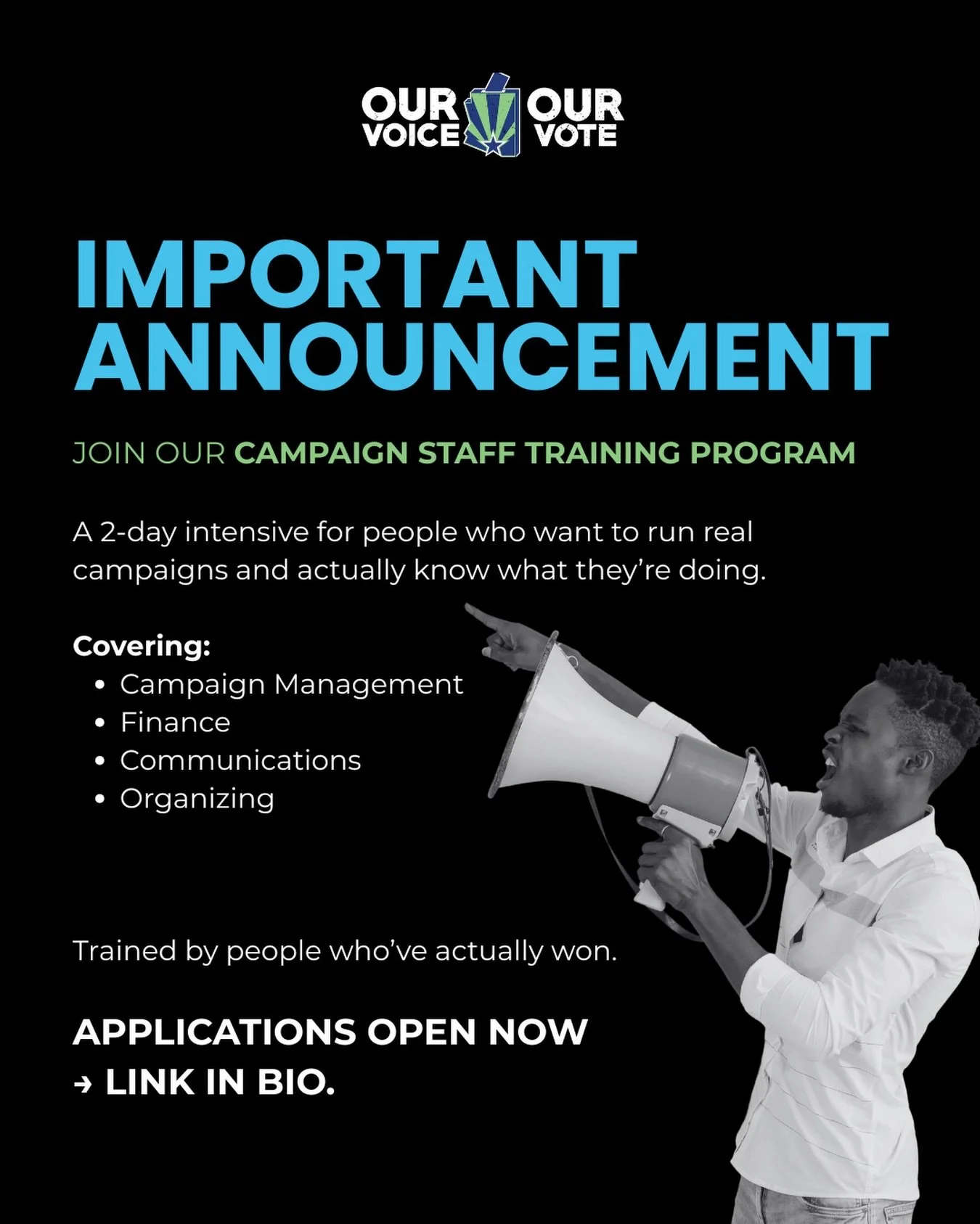 🏛️ We&rsquo;re launching the Campaign Staff Training Program &mdash; a 2-day intensive for people who want to run real campaigns and actually know what they&rsquo;re doing.

Covering: Campaign Management
&middot; Finance 
&middot; Communications
&mi