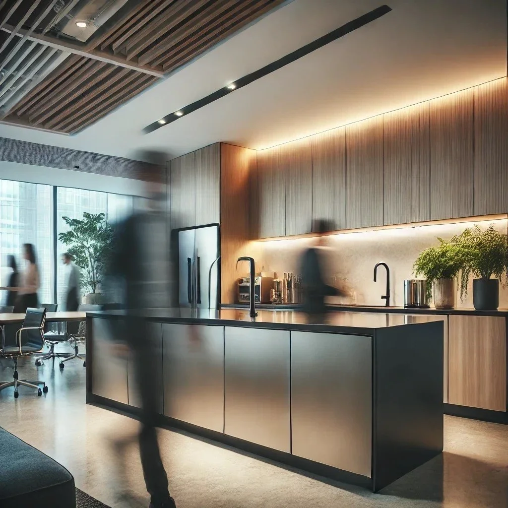 Modern kitchen with wood-paneled wall, stainless steel island, black sinks, and blurred motion of people in a bright office space