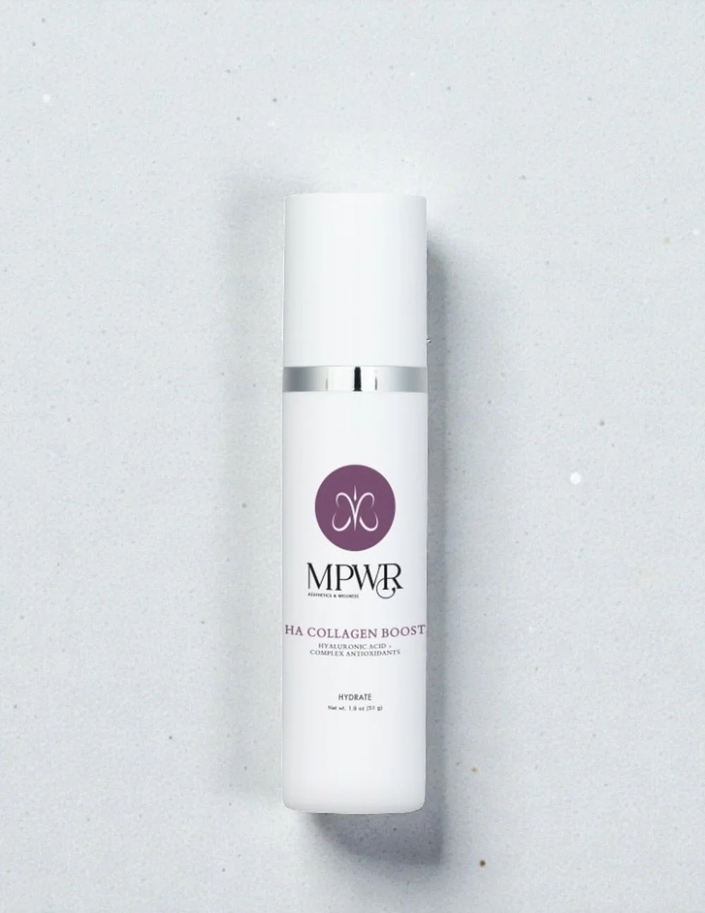 White bottle of MPWR HA Collagen Boost skincare product with label, cap, and silver accents, set against a white background.