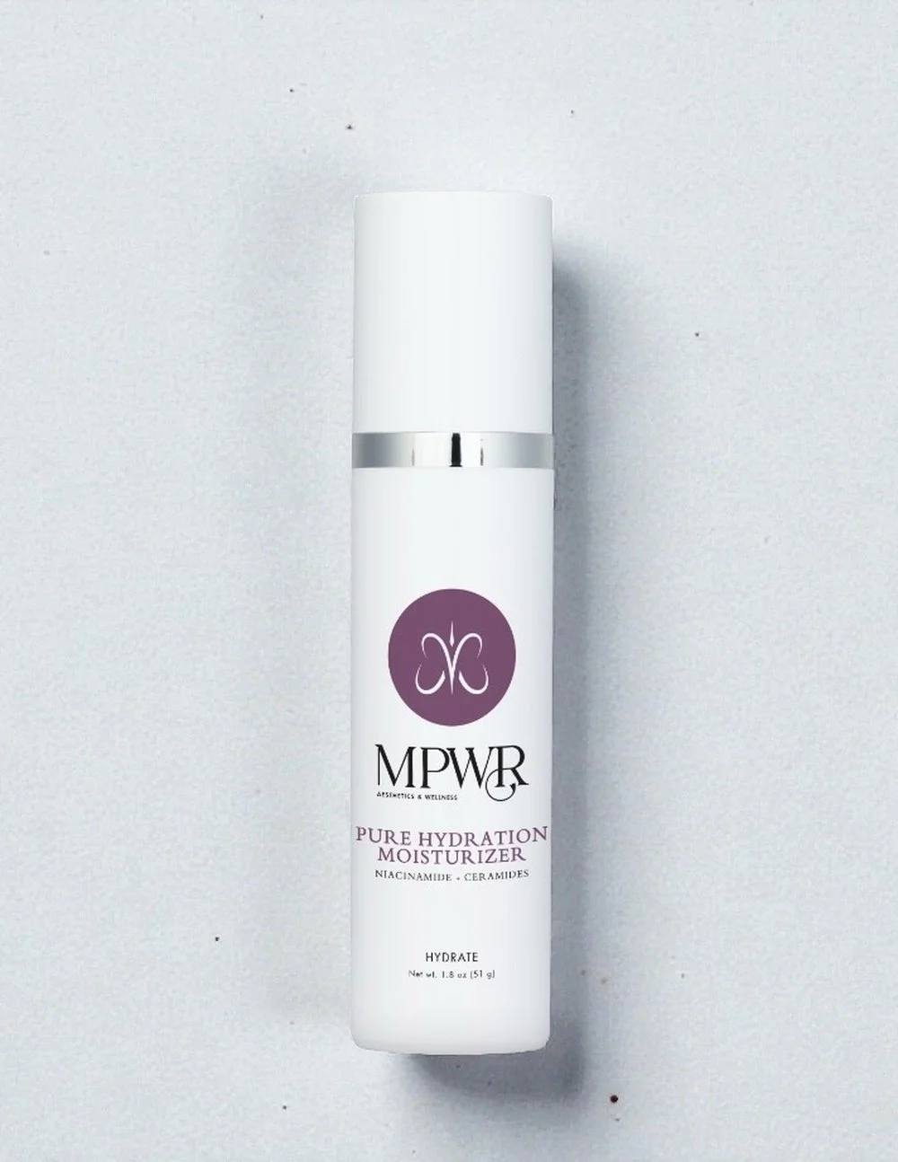 White bottle of MPWR Pure Hydration Moisturizer with a black butterfly logo and silver band, titled 'HYDRATE'.