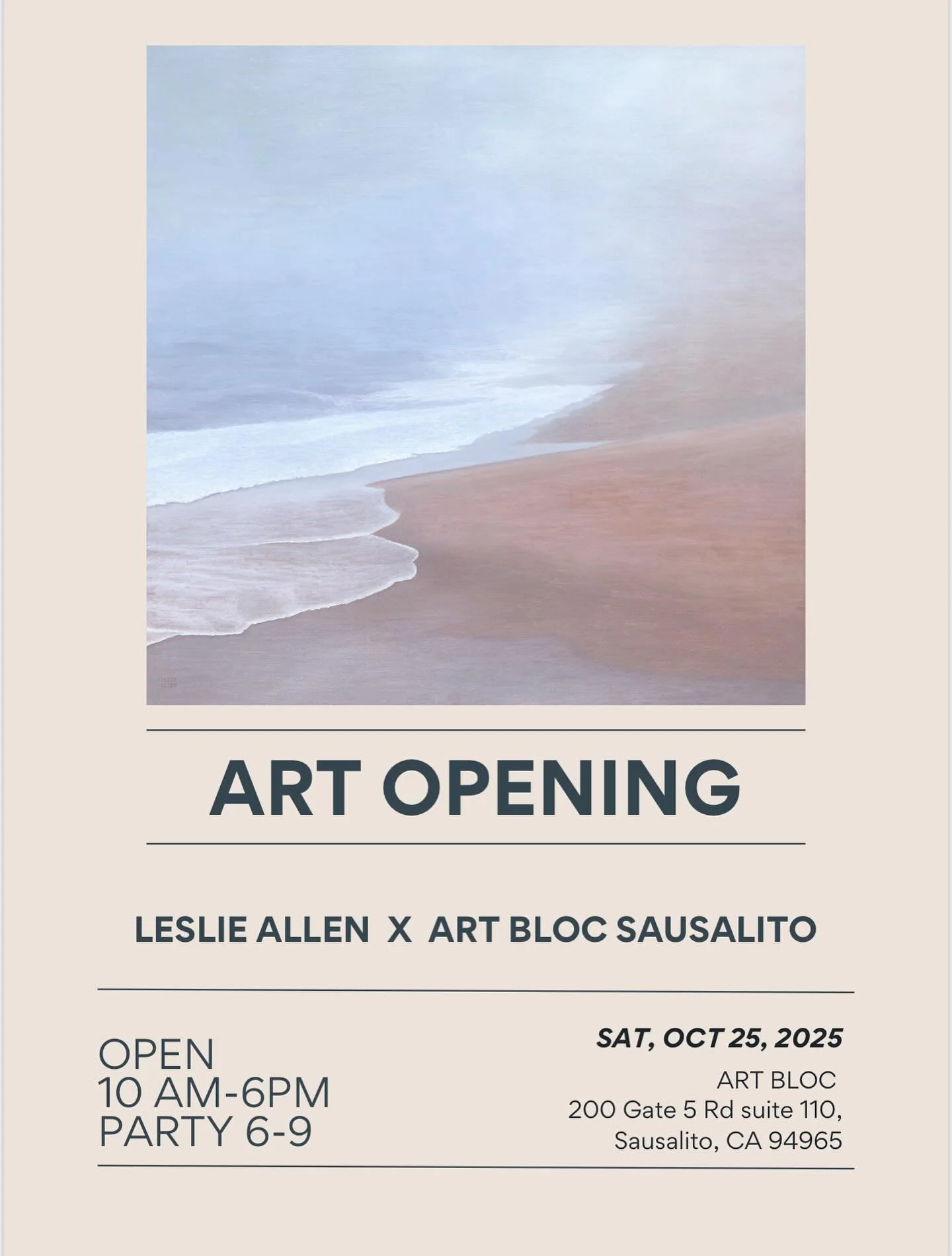 We’re honored to welcome new works by @leslieallenart to Art Bloc Sausalito. Join us Saturday, October 25 for a full day of art and celebration — open studio 10–6, opening party 6–9. ✨