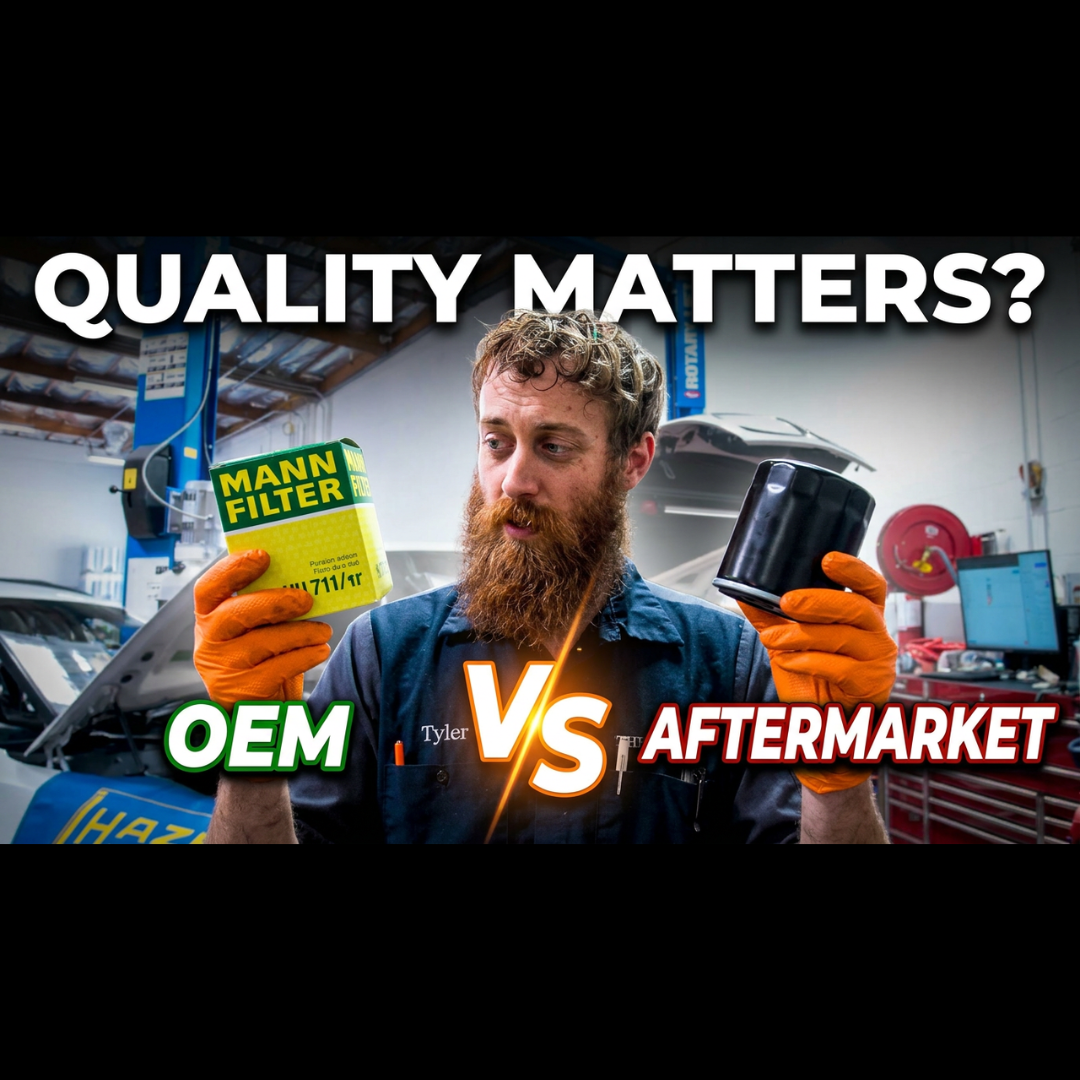 Professional videographer filming Mercedes repair in high-end auto shop, cinematic lighting, tools in background with text overlay 'Quality Matters? OEM vs Aftermarket.'