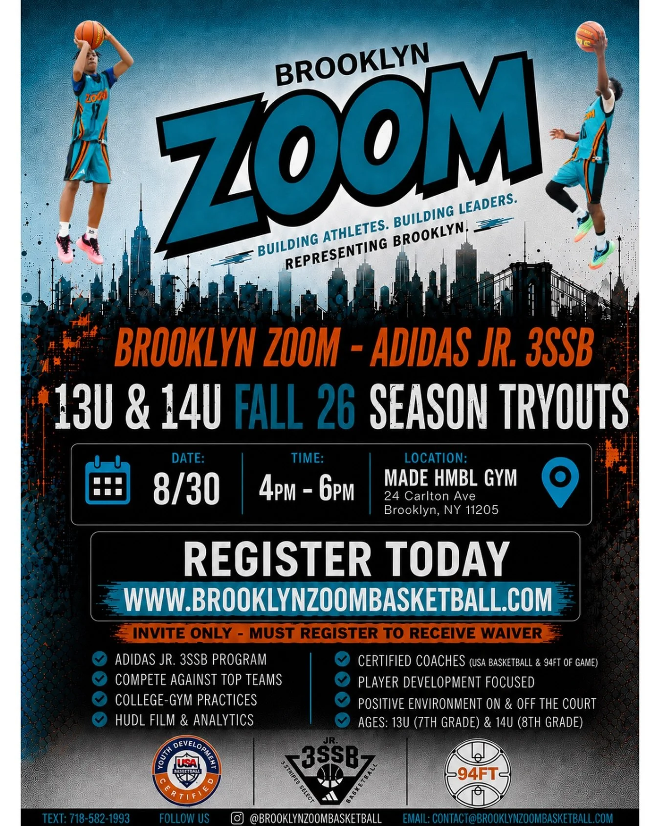 🏀 FALL SEASON TRYOUTS &mdash; BROOKLYN ZOOM BASKETBALL ⚡

Calling all high-level middle school players across the Tri-State Area &mdash; this is your opportunity to compete for a spot with one of the top rising AAU programs in the Northeast.

Brookl