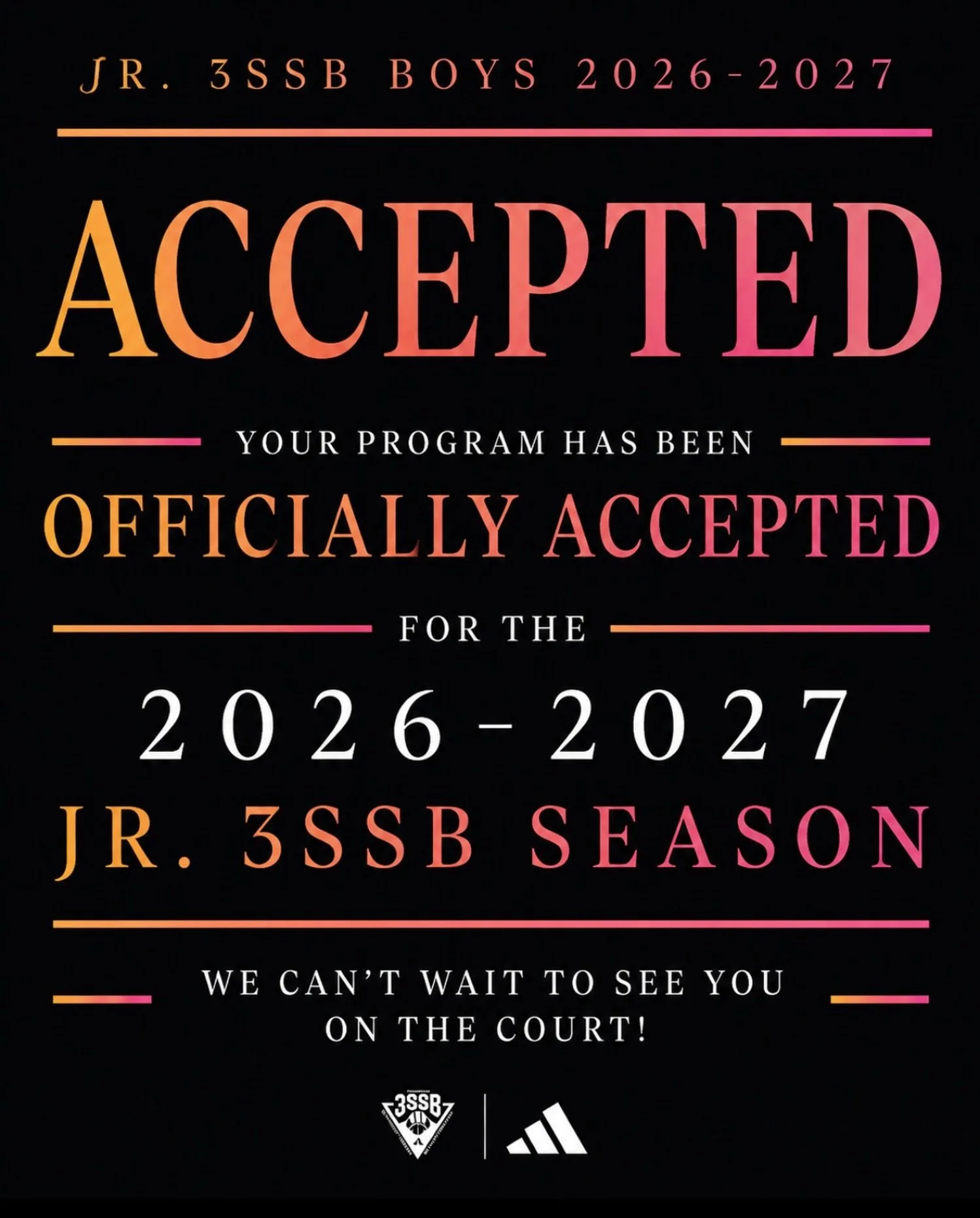 After finishing with 17-1 record and the Super Regional Championship in our debut season in Jr. 3SSB we are looking to run it back with our eyes on the National title!