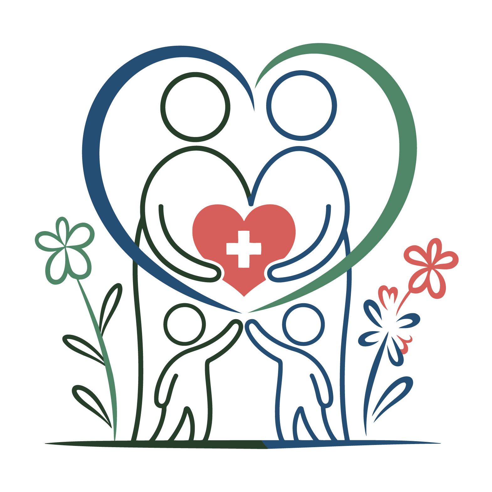 Line drawing of two children holding a heart with a medical cross, surrounded by flowers and plants, with a large heart in the background.