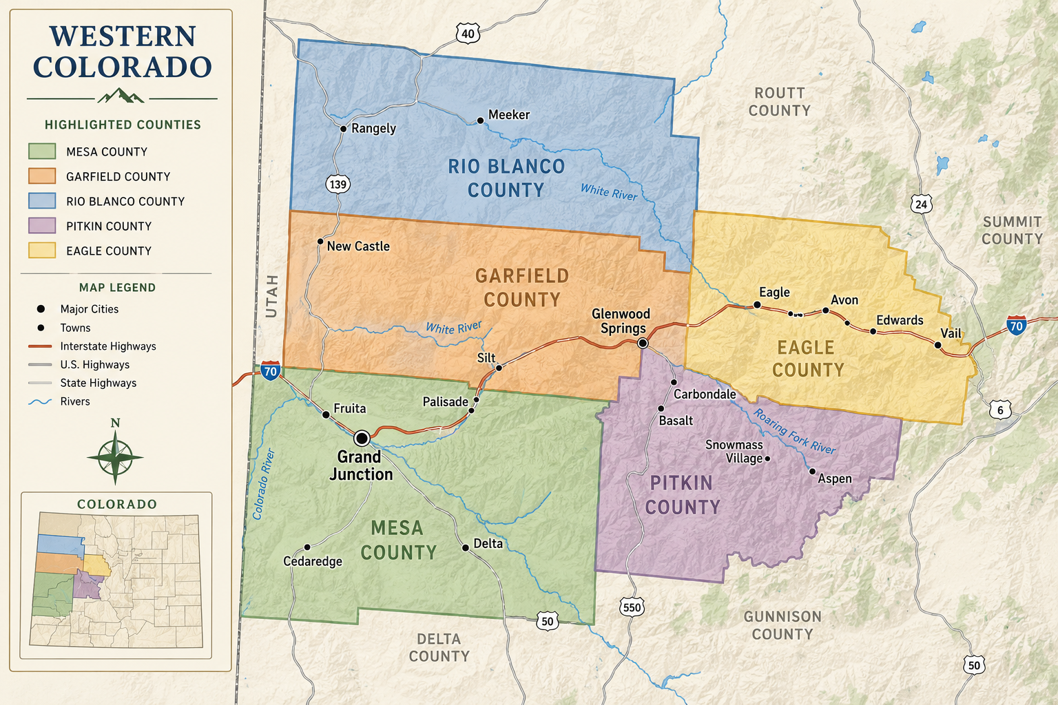 Map of Western Colorado showing highlighted counties: Mesa County in green, Garfield County in orange, Rio Blanco County in blue, Pitkin County in purple, and Eagle County in yellow. Major cities, towns, and highways, rivers are marked, with a small inset map of Colorado showing the location of Western Colorado.