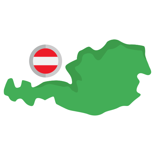 Map outline of Austria with the Austrian flag and a circle indicating Austria's location.