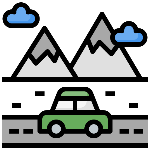 Illustration of mountains, clouds, and a green car on a road at night.