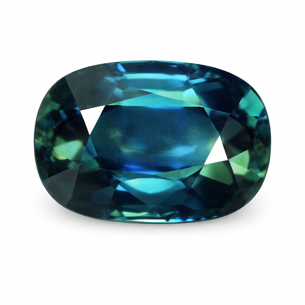 Unheated Bi-Color teal-green sapphire in cushion cut 3.09 carats