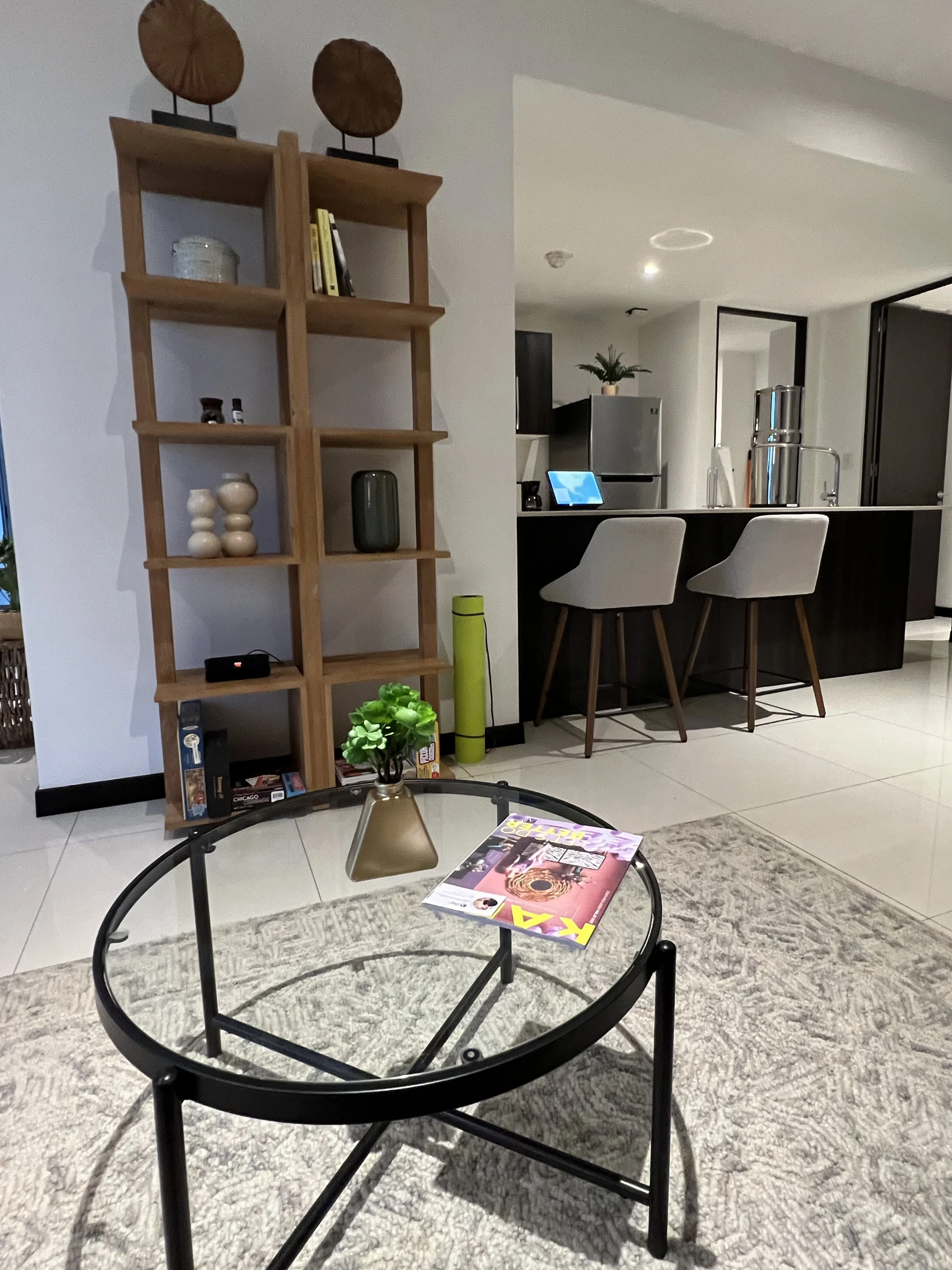Open-concept living space with walk-in kitchen