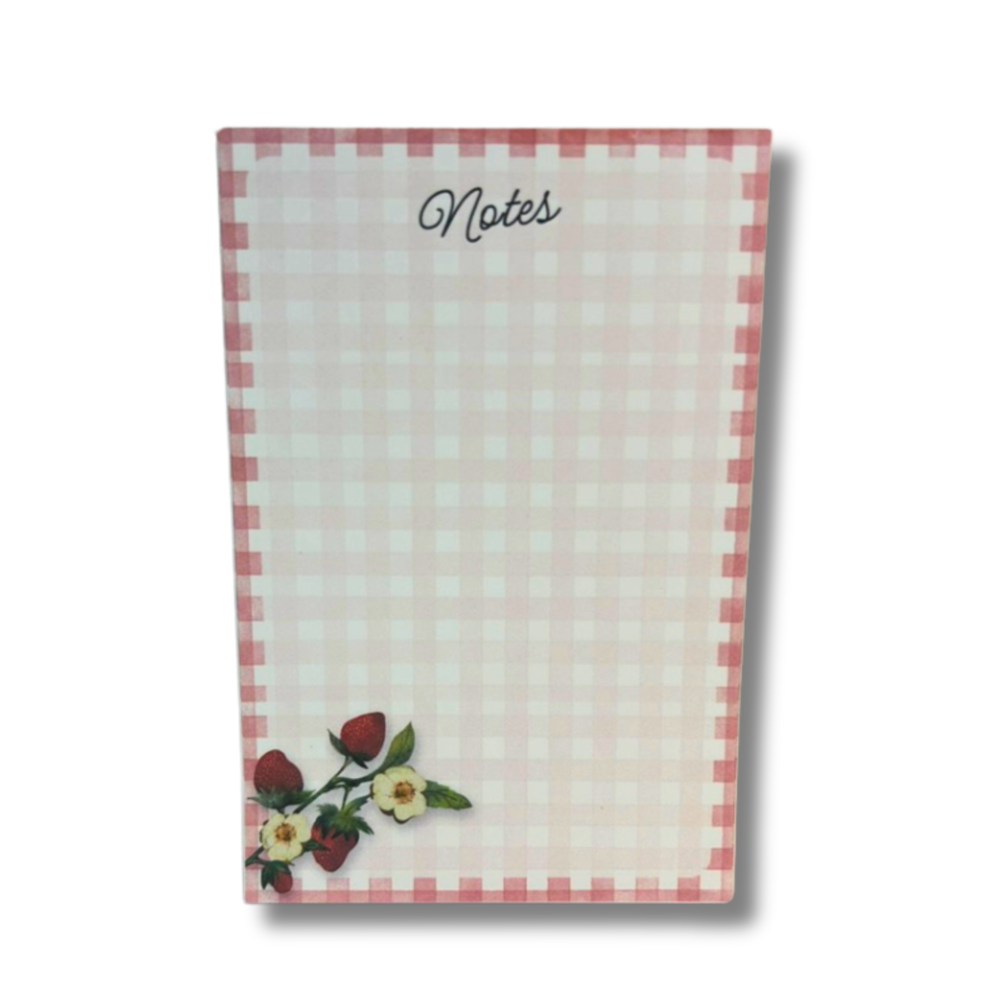 Top view of hand-illustrated strawberry note pad printed on premium 105 gsm paper, hand-cut and backed with recycled chipboard. Handmade in small batches by Gather.
