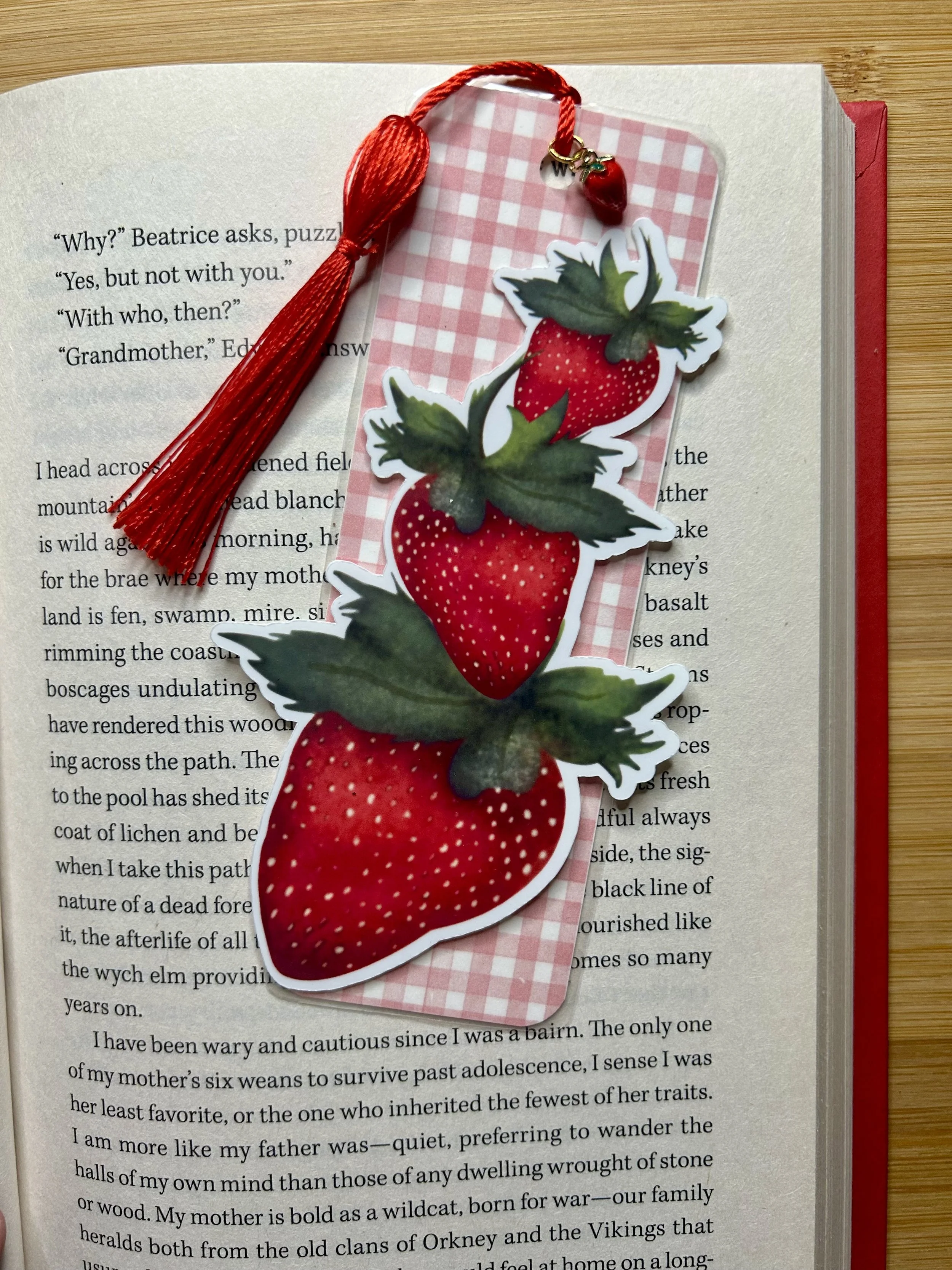 Handcrafted strawberry die-cut bookmark featuring three hand-illustrated strawberries, red tassel and small strawberry charm laying on an open book with a red cover