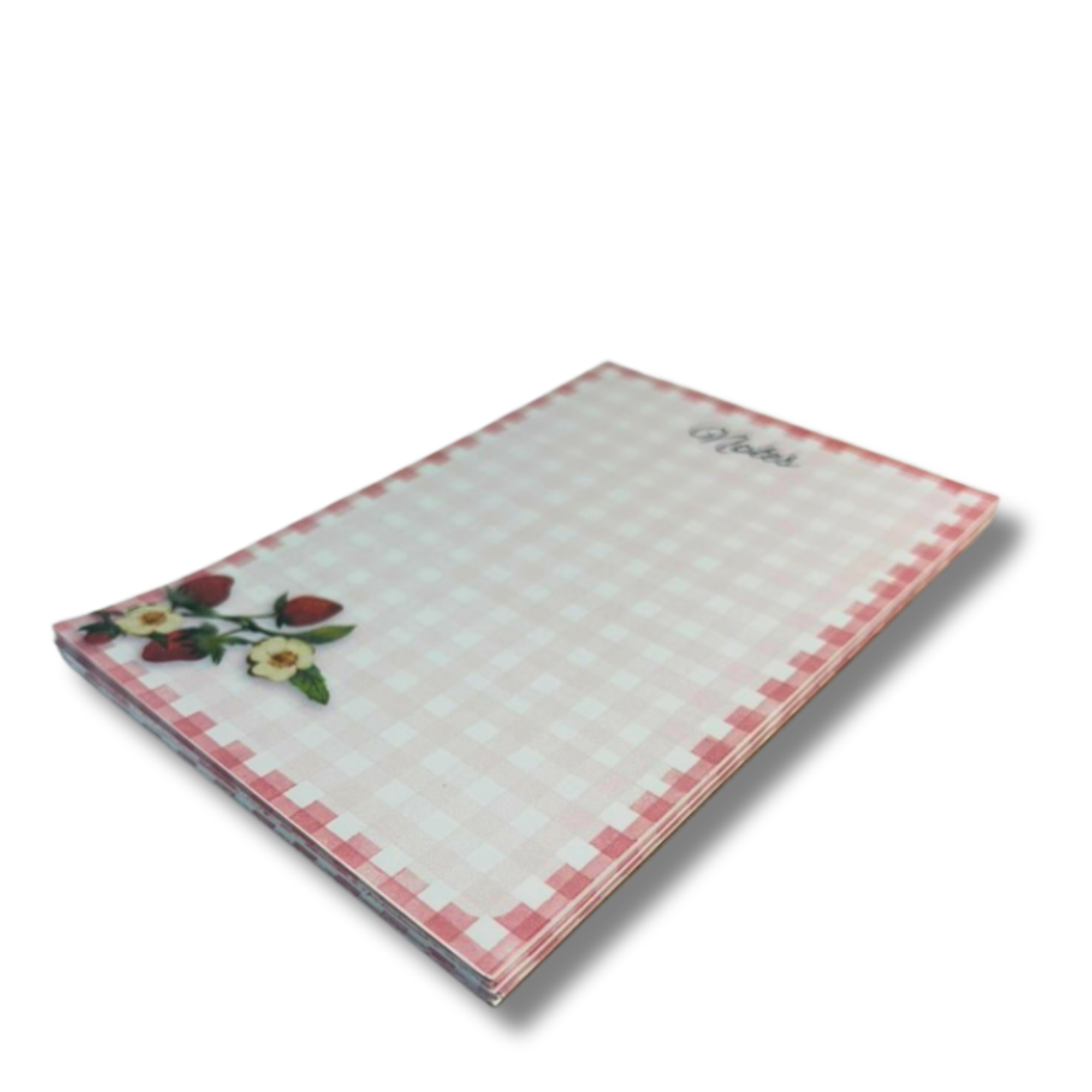 Side view of hand-illustrated strawberry note pad printed on premium 105 gsm paper, hand-cut and backed with recycled chipboard. Handmade in small batches by Gather.