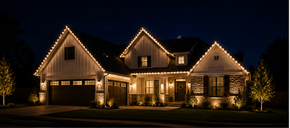Christmas roofline lights close up