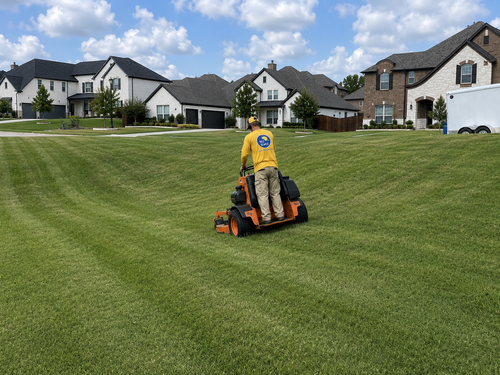 Vale Scapes mowing a clean North Texas lawn