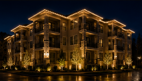 Commercial property decorated with Christmas lights