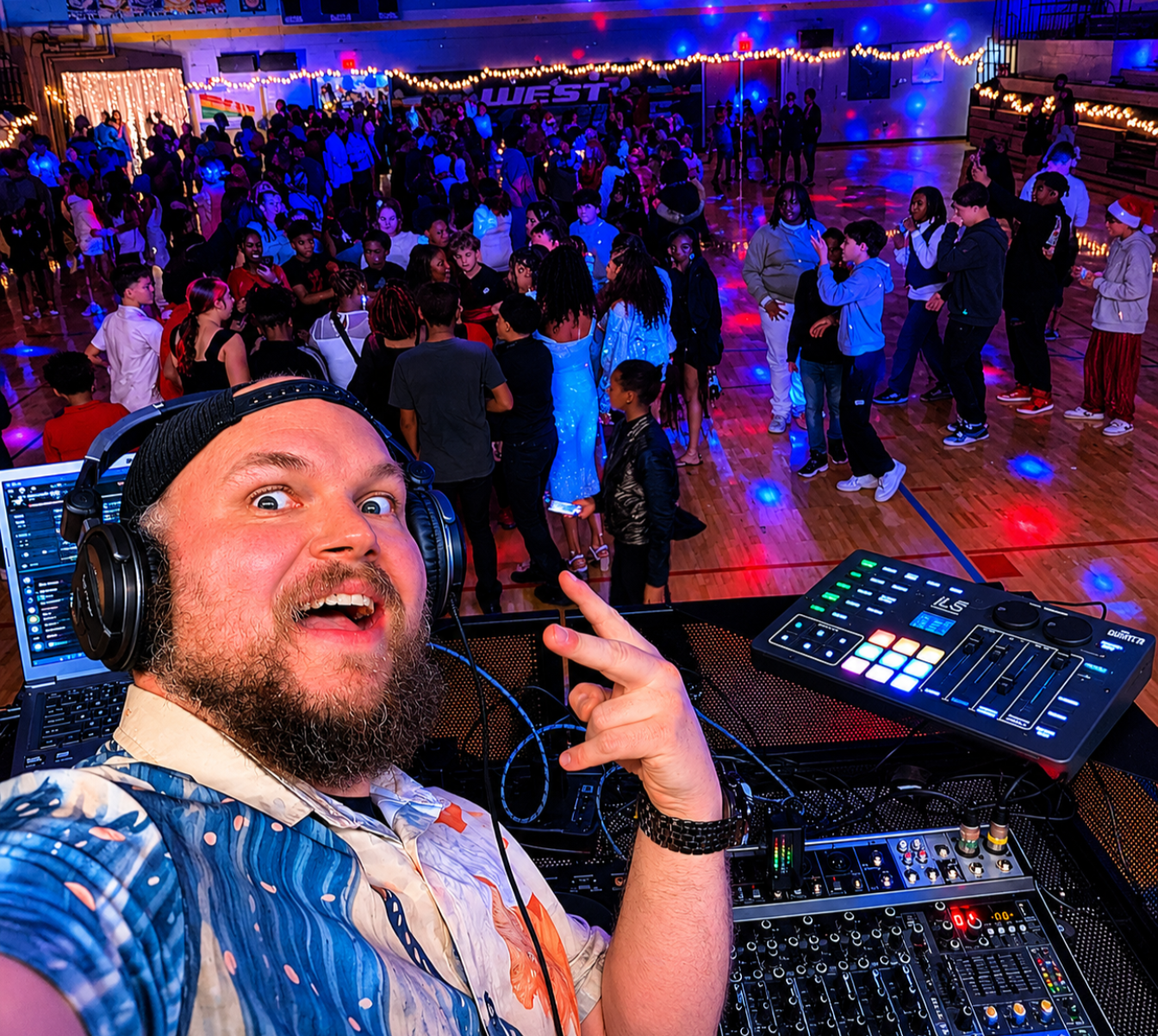 School DJ setup with lighting
