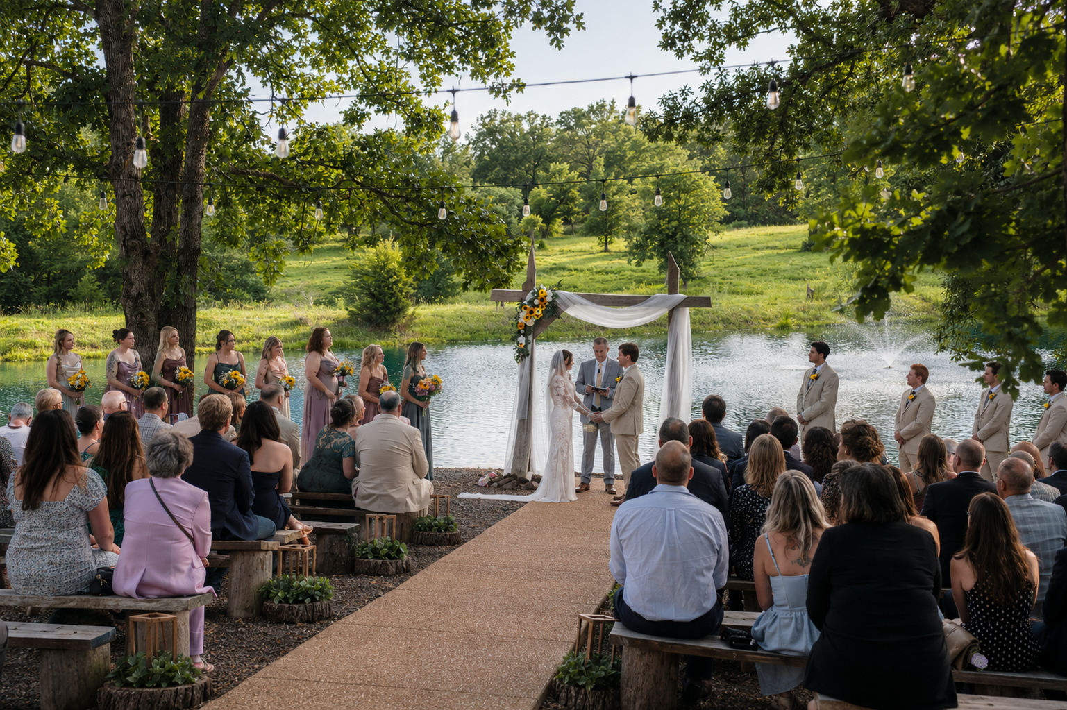 A wedding ceremony taking place outdoors by a lake, with the bride and groom exchanging vows under a decorated wooden arch, surrounded by bridesmaids and groomsmen, with guests seated on benches along a path in a lush green park.
