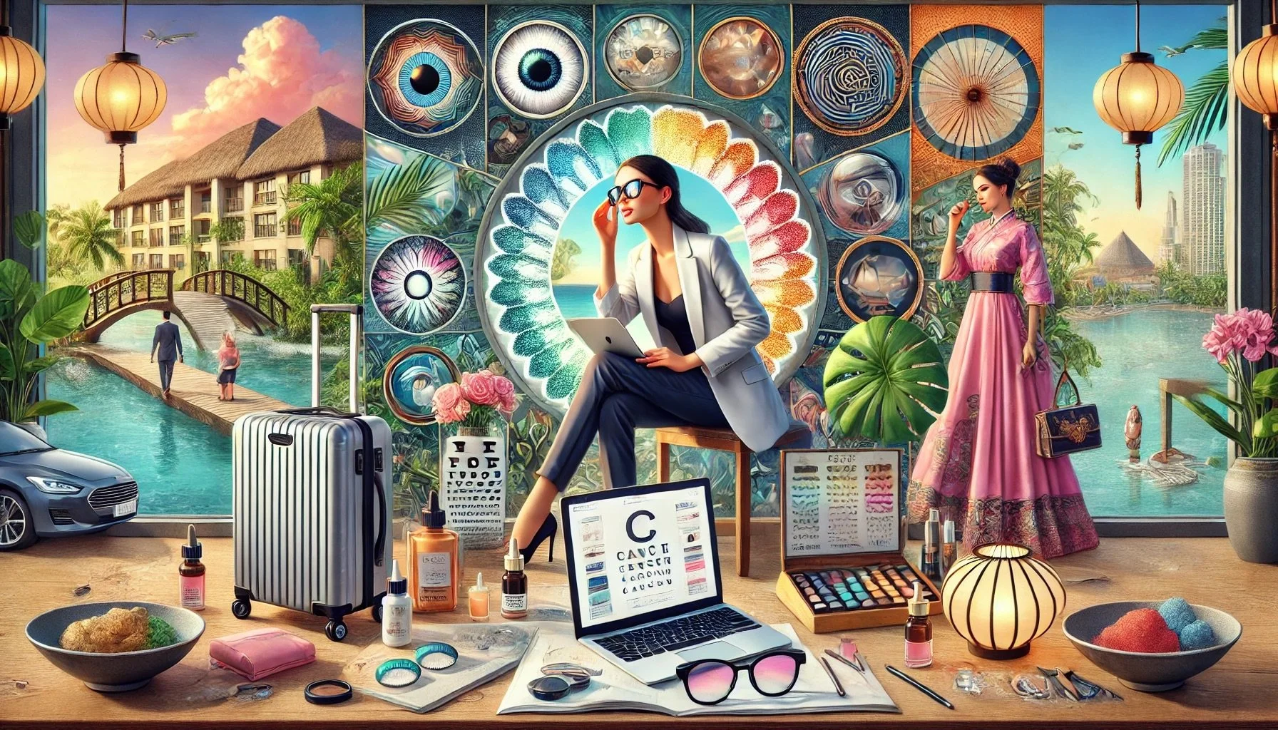 Interior of a jewelry or fashion store with two women posing for photos. The background features tropical scenery with water, bridges, palm trees, and buildings.
