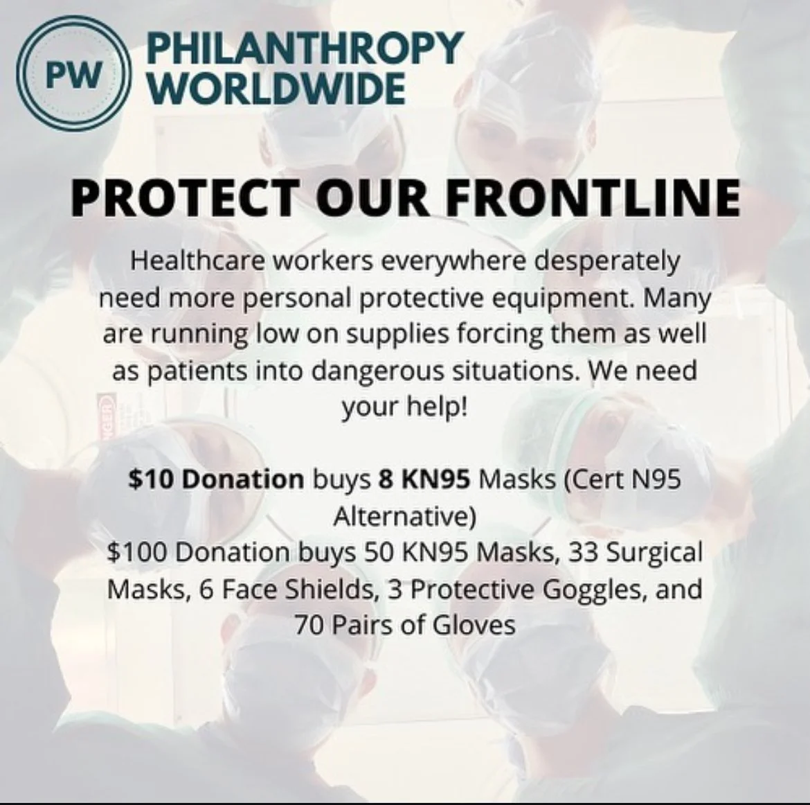 Flyer for philanthropy worldwide requesting donations for PPE supplies for healthcare workers, detailing donation amounts and what PPE items they can buy.