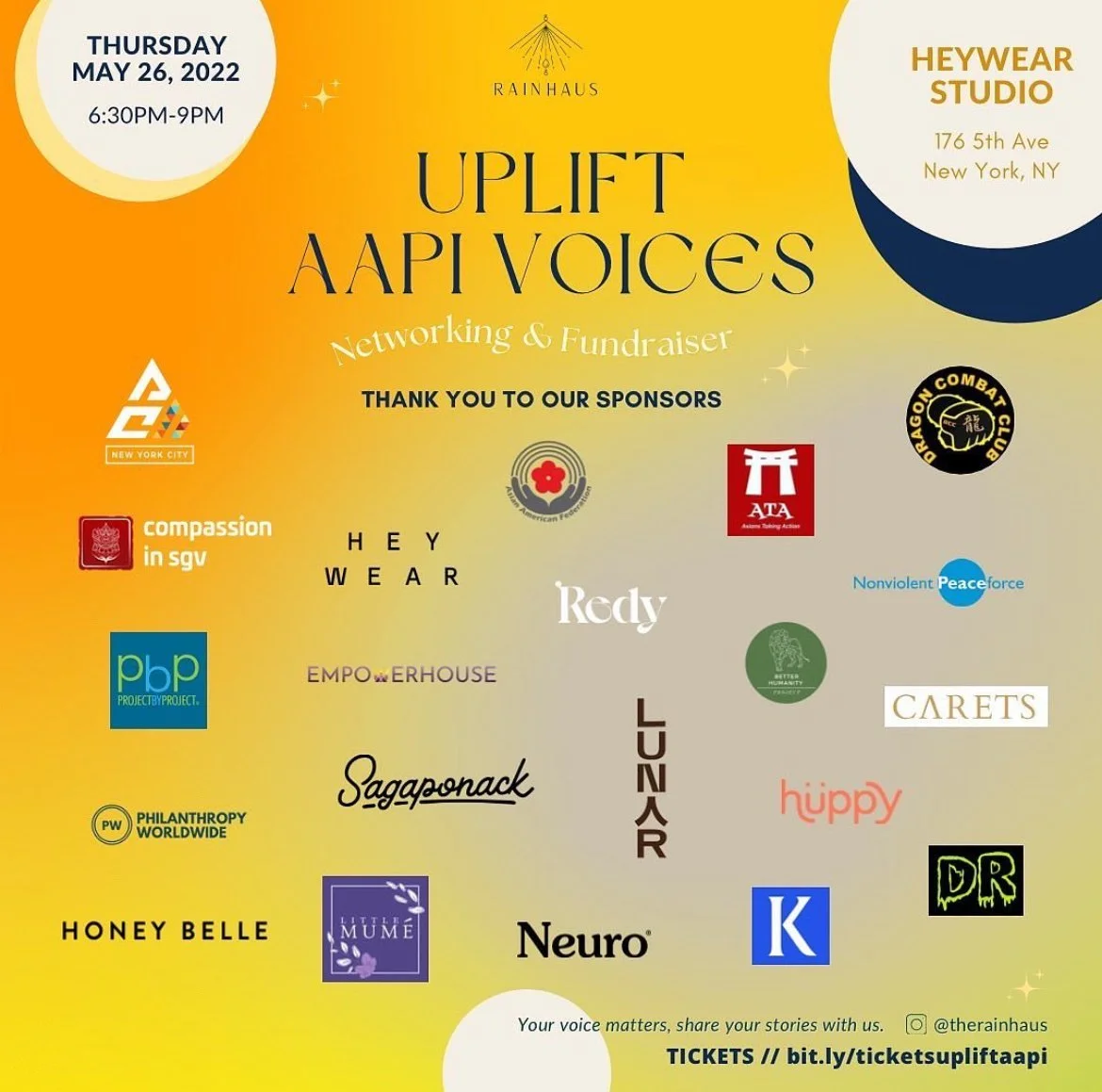Event poster for 'Uplift API Voices' networking and fundraiser event held on May 26, 2022, at Heywear Studio, New York City, 6:30 PM to 9 PM. The poster features logos of various sponsors and organizations supporting the event, with a yellow and orange gradient background.