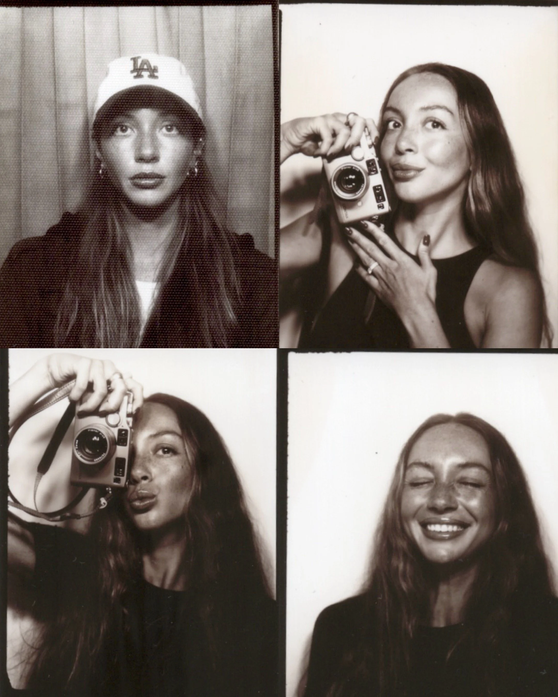 Four black and white photo booth poses of a woman with long hair.