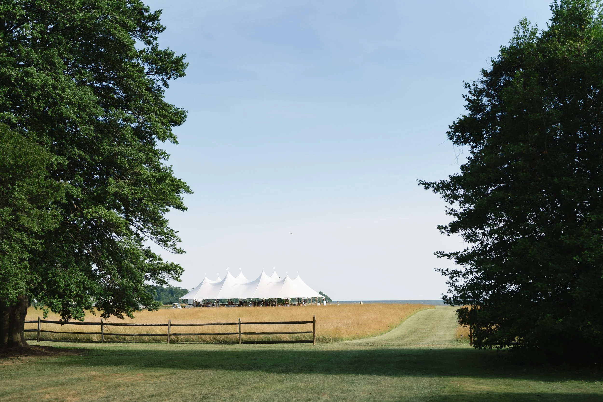 Landscape of a meadow with a white event tent far in the distance on a sunny day.