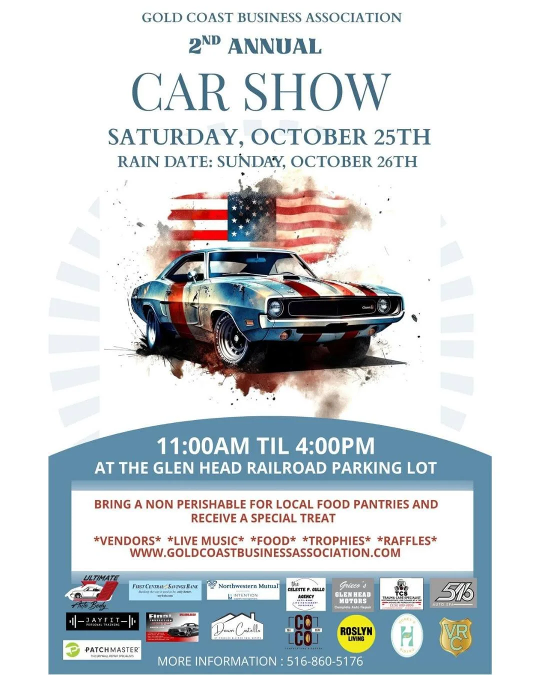 🚗✨ Mark your calendars! ✨🚗
The GCBA&rsquo;s 2nd Annual Car Show is rolling back into town and you won&rsquo;t want to miss it!

📅 Saturday, October 25th (Rain Date: Sunday, October 26th)
🕚 11:00 AM &ndash; 4:00 PM
📍 Glen Head Railroad Parking Lo