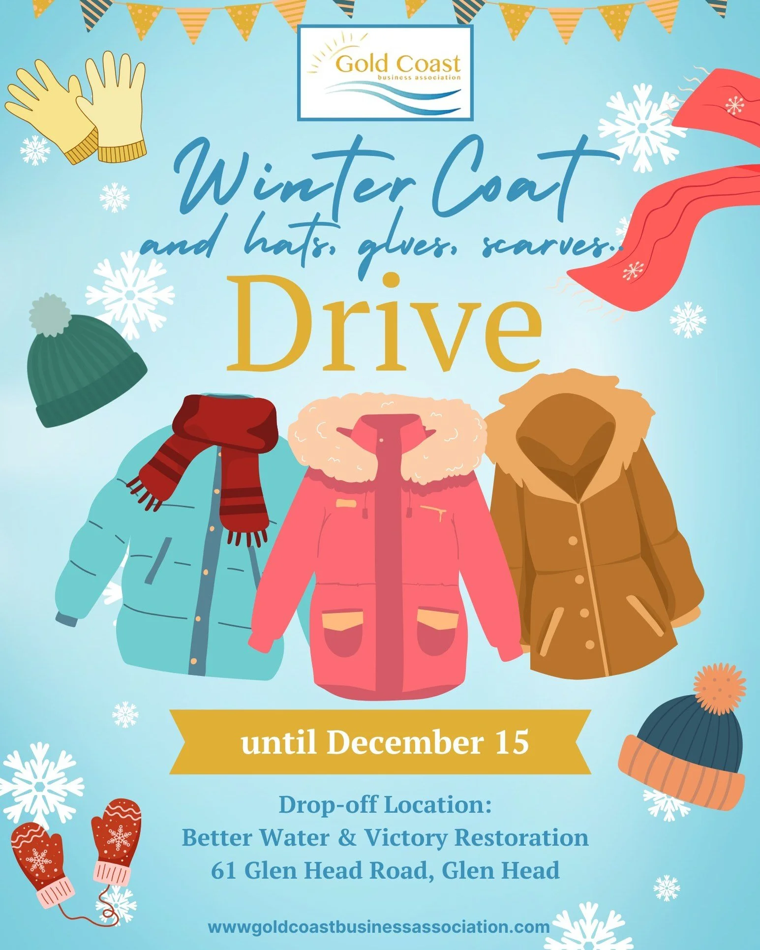 ❄️ Baby, It's Cold Outside! Help Us Keep Our Neighbors Warm This Winter.
The cold weather has arrived, and the Gold Coast Business Association (GCBA) is asking our generous community to help neighbors in need this season!

We are collecting gently us