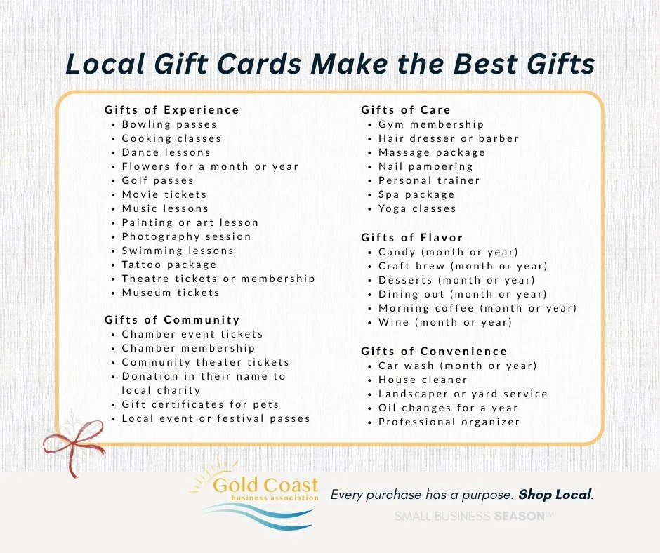 Skip the Shipping Stress! Local Gift Cards Make the BEST Gifts this Holiday Season!

The Gold Coast Business Association is celebrating Small Business Season! Don't just buy a gift&mdash;buy an experience, an indulgence, or an essential service right