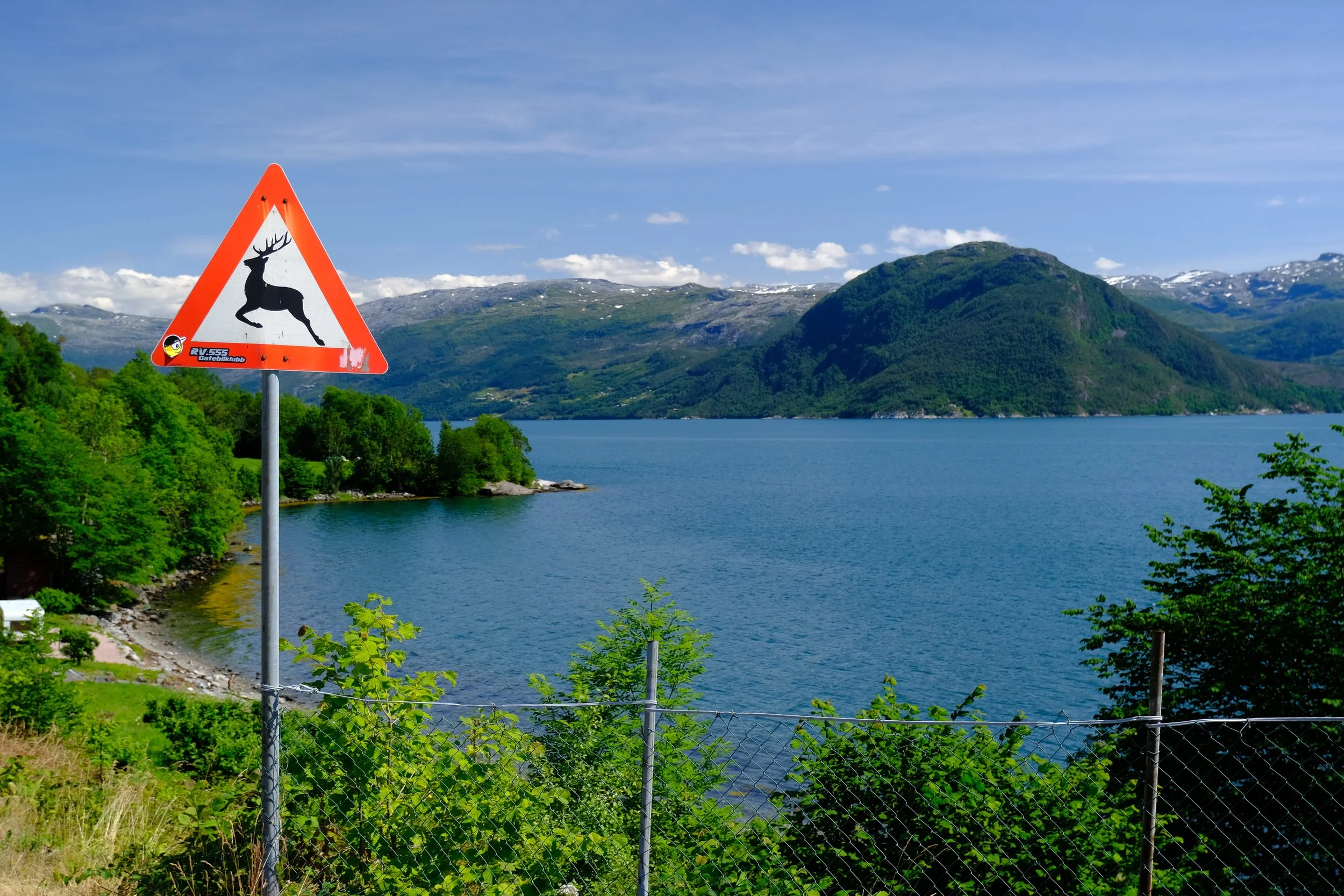 Warnschild mit Hirschsymbol vor Wildtieren in einer landschaftlichen Seenregion mit Bergen und Vegetation.