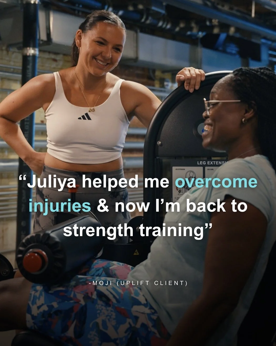 A woman and a trainer at a gym talking, with motivational text overlay saying 'Julya helped me overcome injuries & now I'm back to strength training'.