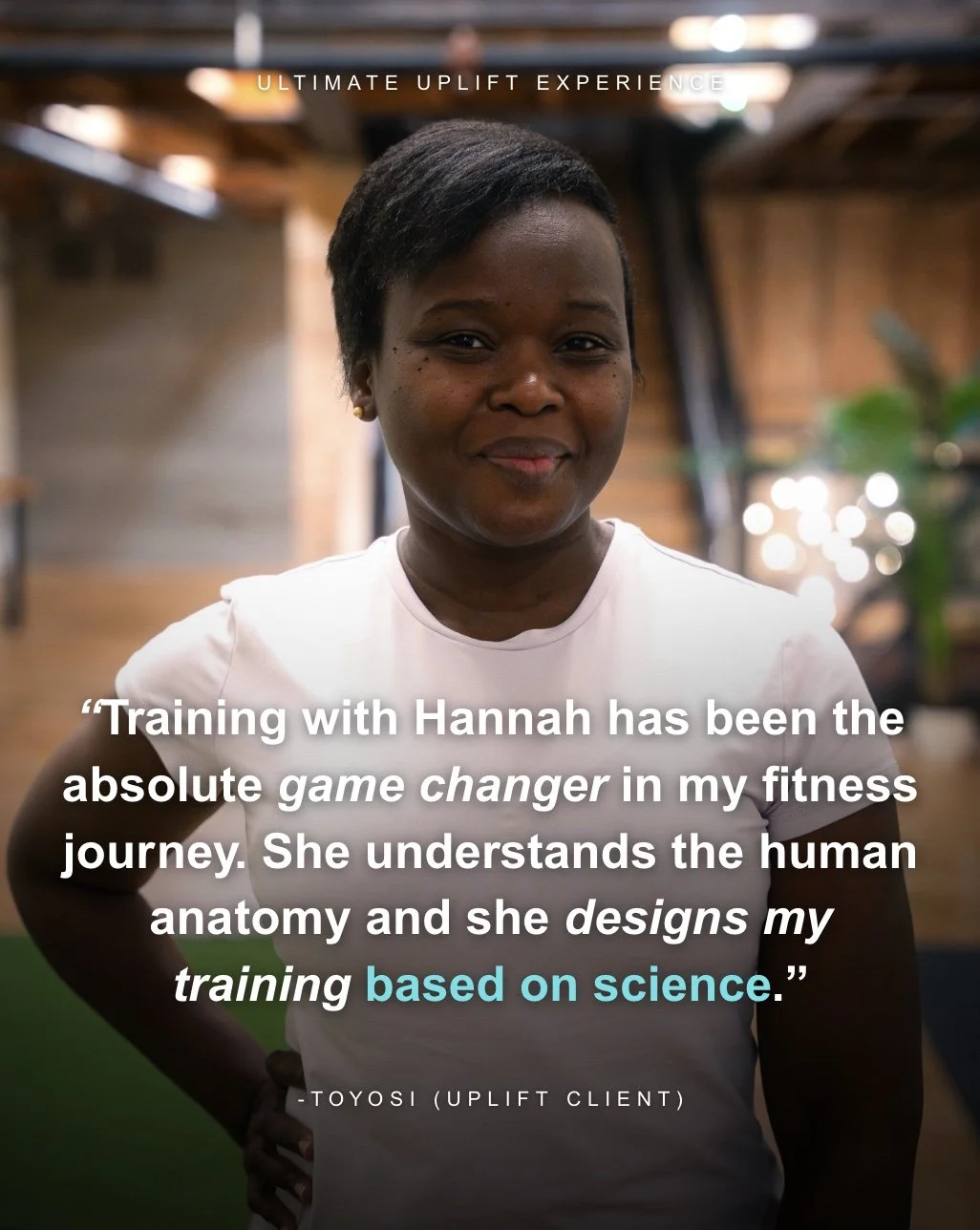 A woman standing indoors, smiling at the camera, with a quote overlay about her training experience, surrounded by a rustic wooden background and plants.