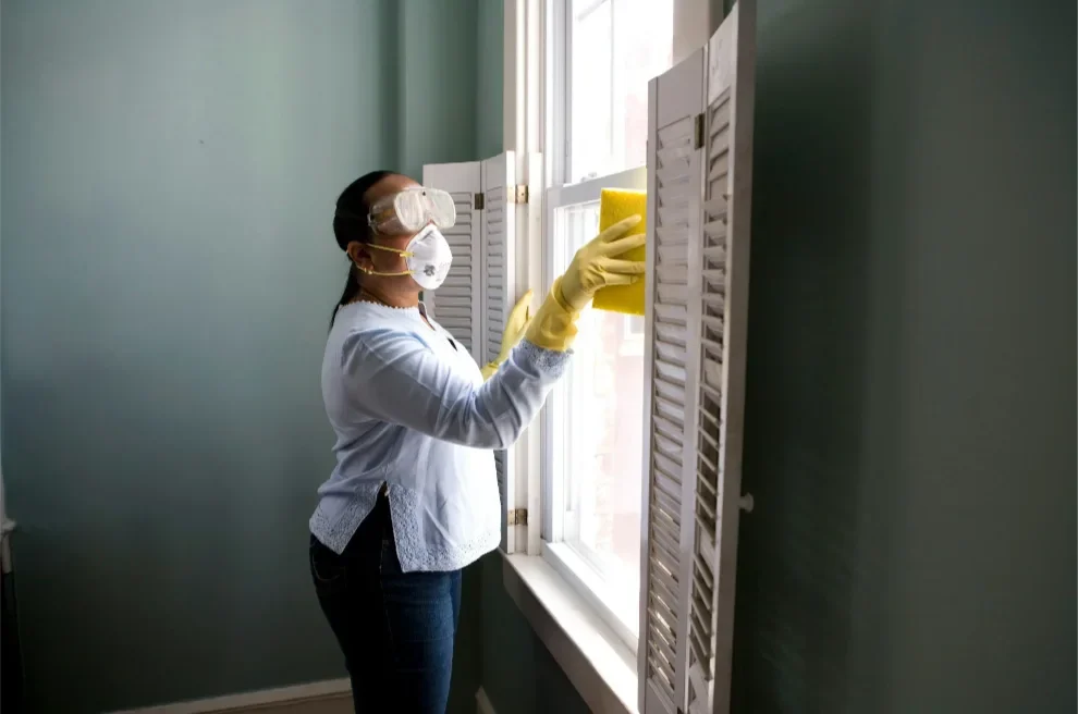 A woman wearing a mask, goggles, and yellow gloves cleaning a window with a yellow sponge in a room with light blue walls.