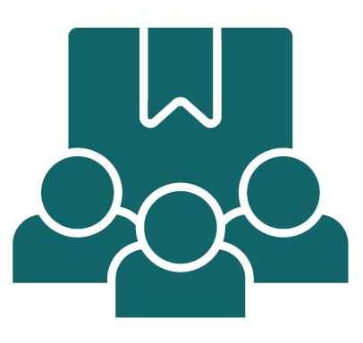 Icon of a group of four people with a bookmark above them.