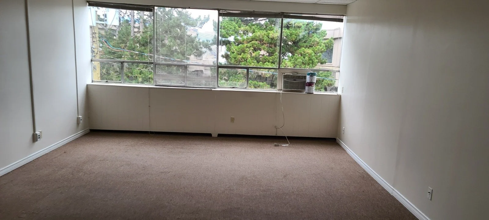 Empty room with beige carpet, large windows with blinds, and an air conditioning unit on the window sill, with trees visible outside.