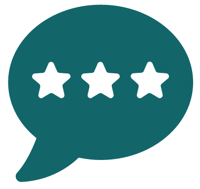 Speech bubble with three stars inside indicating a review or rating.