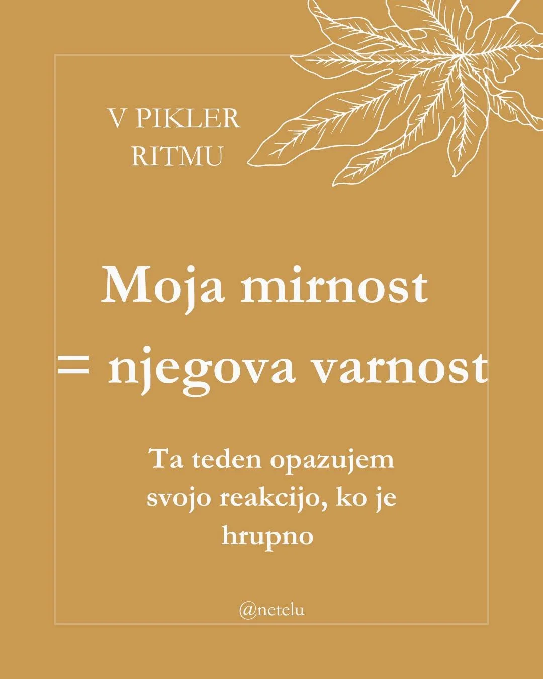 Ko pridejo trenutki joka, glasnosti, vznemirjenja &ndash; opazujem sebe. 

Kaj naredim najprej? Se napnem, zadržim dih, pomirim? 

Morda ta teden poskusim samo dihati. 

Ne hitim pomirjati &ndash; samo sem. Otrok čuti mojo prisotnost, ne moj nemir. 
