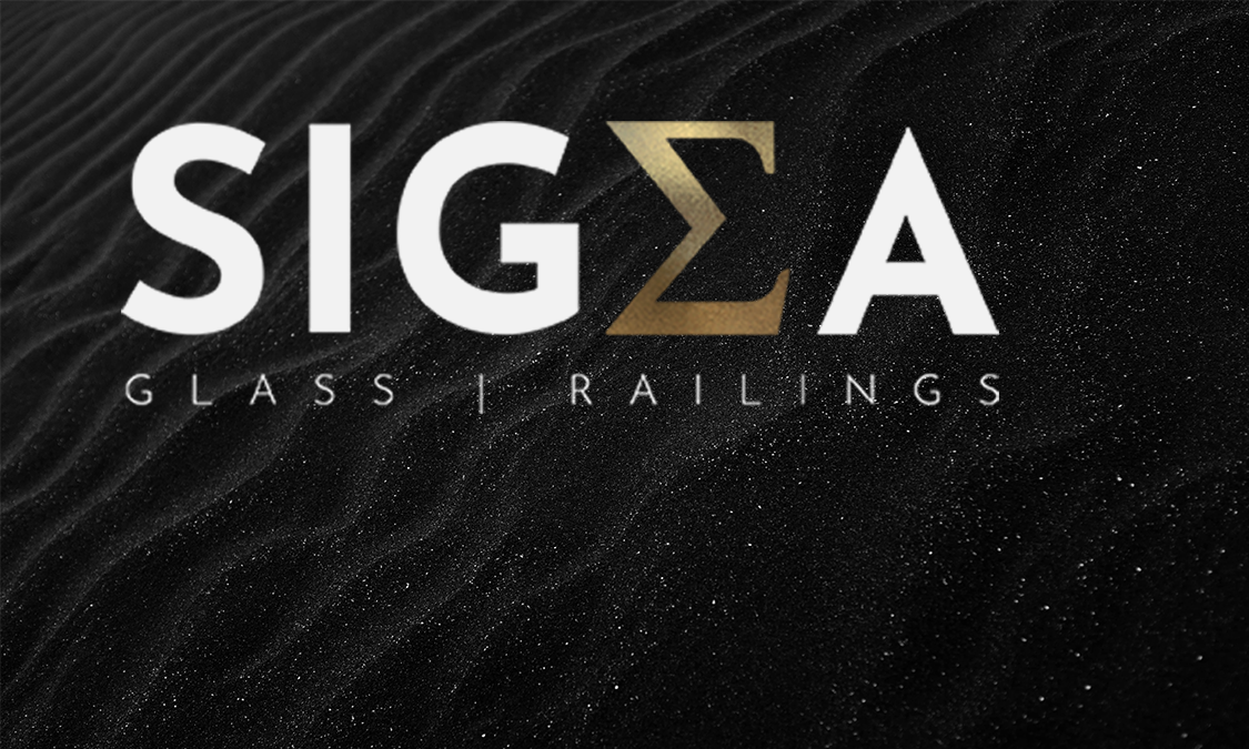 Logo for SIGMA Glass and Railings with a black textured background.
