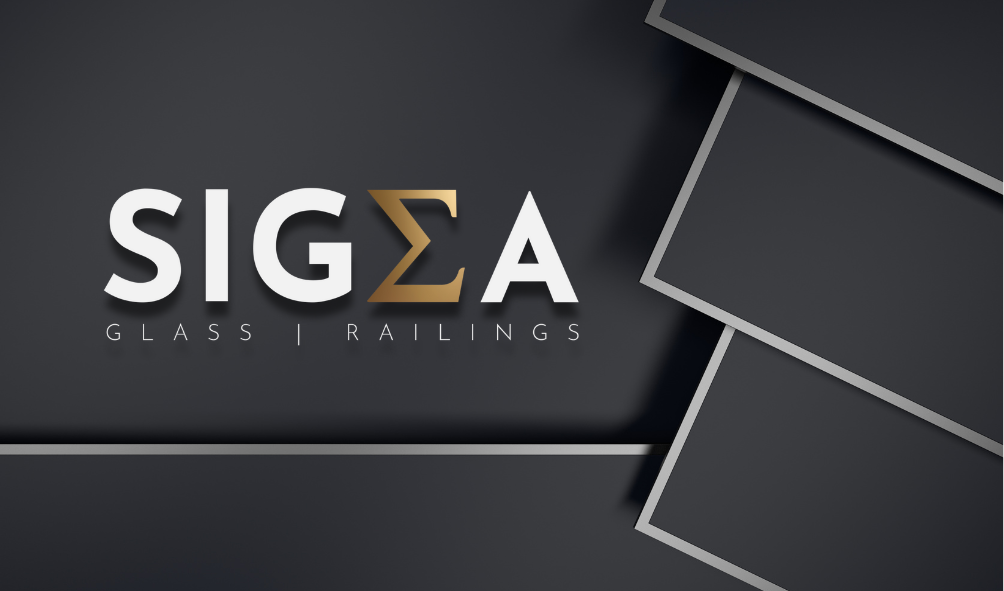 Logo for Sigma Glass and Railings on a dark background with overlapping gray panels.
